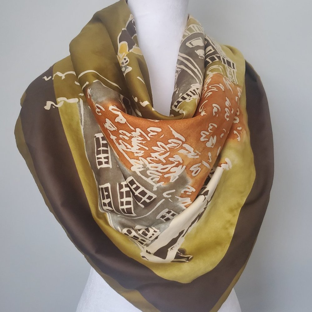 RARE VINTAGE MCM SCARF * Large Italian Satin Scarf City Scene Dog-walking Woman